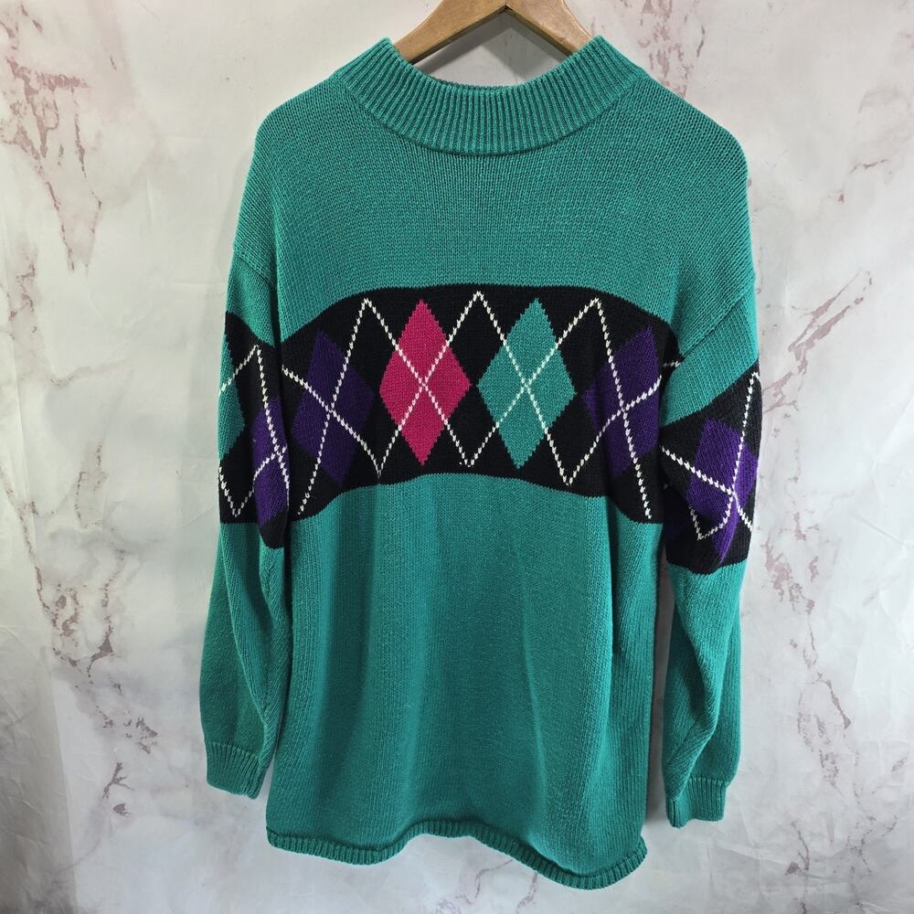 Vintage Sweater Womens Medium Green Pink Black Argyle Mock 90s Clown